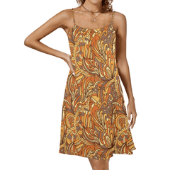 Prin Summer Dress Spaghetti Strap Drawstring A-sline Sleeveless Abstract Swirl Pattern Floral Paisley Multicolor Retro Vibrant Sundress Street Style Beachwear Boho Chic Orange Yellow Brown  Blissfully Brand