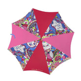 Sechia series handmade classic crook handle umbrella showcasing its vibrant paisley-inspired design in pink, red, and blue hues. Auto open full size. Retro Psychedelic - Made in England - Blissfully Brand