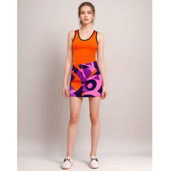 A vibrant and stylish stretch denim mini skirt featuring a bold geometric print in shades of purple, pink, and orange. Tank top ensemble