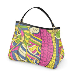 Suki Leather Slouch Hand Bag - Psychedelic Geometric Retro Abstract Paisley Print Handbag - Nappa - Handmade in England - Yellow Green Pink - Detachable Handle - Shoulder