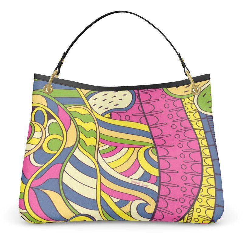Suki Leather Slouchy Hand Bag - Psychedelic Geometric Retro Abstract Print Handbag - Nappa - Handmade in England - Yellow Green Pink
