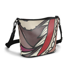 Unia Leather Bucket Bag — bold cherry red and burgundy botanical print on cream Nappa leather, gunmetal hardware, adjustable strap — London Bliss Collection by Blissfully Brand