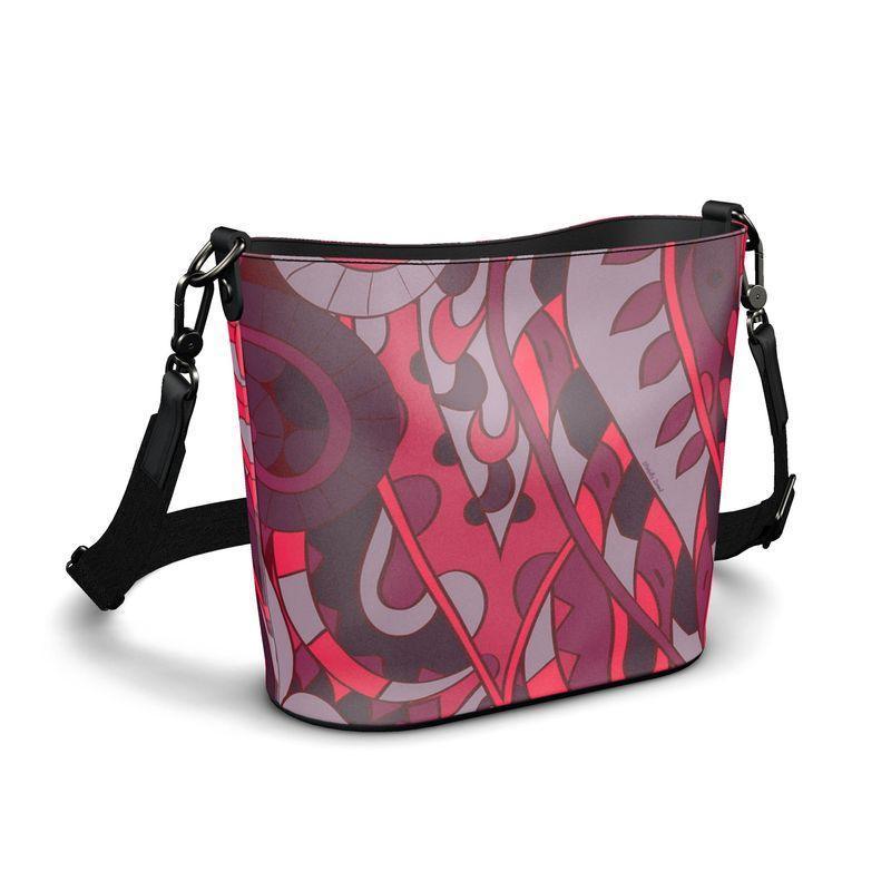 Pena Print Nappa Leather Bucket Bag — Fuchsia & Plum Psychedelic Floral Crossbody with Gunmetal Hardware | London Bliss Collection | Blissfully Brand