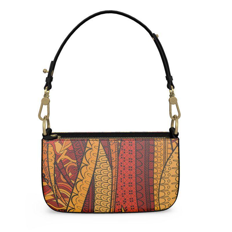 Ame Small Leather Box Hand Bag | Shoulder Bag - Zip Closure - Abstract Orange Print