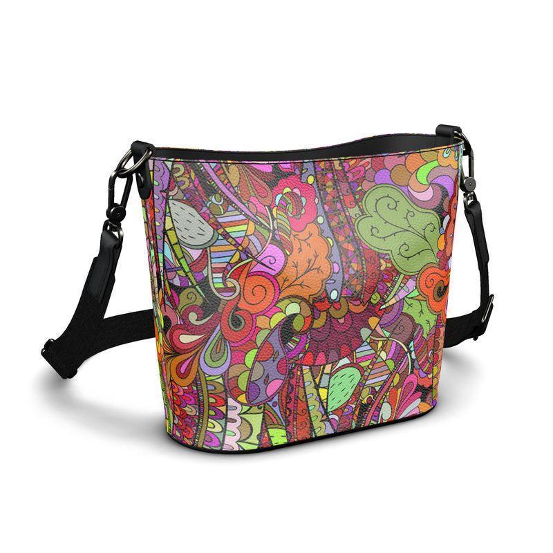 Betsu Psychedelic Print Nappa Leather Bucket Bag — Handmade in London — BlissfullyBrand London Bliss Collection — Gunmetal Hardware, Adjustable Strap, Fuchsia Green Orange Maximalist Print