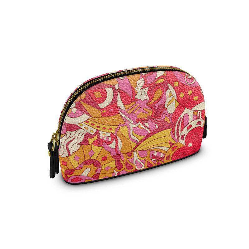 Leather Makeup Bag - Cosmetic Pouch - Clamshell Abstract Paisley Print - Retro Boho Print - Swirls Psychedelic Vibrant Bold Red Pink
