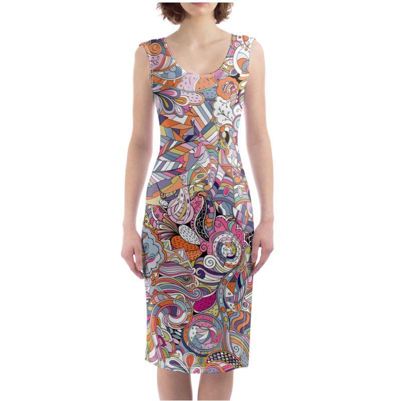 Kyuka Split Leg Bodycon Midi Dress - Multicolor Abstract Kaleidoscopic All Over Print - Retro - Psychedelic - Swirls - Geometric - Bold - Vibrant - Handmade in England- Side Slit - Body Contour - Plus Size