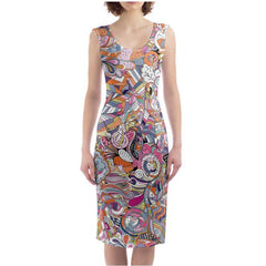 Kyuka Split Leg Bodycon Midi Dress - Multicolor Abstract Kaleidoscopic All Over Print - Retro - Psychedelic - Swirls - Geometric - Bold - Vibrant - Handmade in England- Side Slit - Body Contour - Plus Size