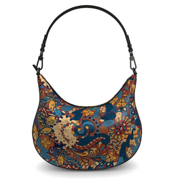 Kuri Curved Hobo Bag in Pebbled Leather Abstract Paisley Print Blissfully Brand