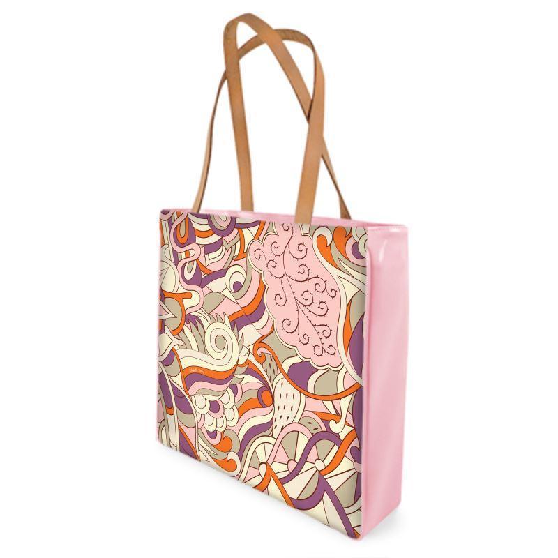Amai Canvas Beach Tote Bag - Abstract Kaleidoscope Retro 70's Boho Print - Pink | Orange - Italian Patent Vinyl Trim & Leather Handles