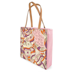 Amai Canvas Beach Tote Bag - Abstract Kaleidoscope Retro 70's Boho Print - Pink | Orange - Italian Patent Vinyl Trim & Leather Handles