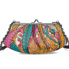 Taki Large Pleated Crossbody Leather Clutch - Abstract Paisley Retro Psychedelic Print - Handmade in England - Chain Strap - Metal Frame