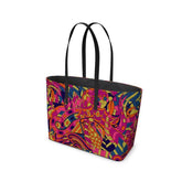 Lina Small Textured Leather Tote Bag - Multicolor Abstract Psychedelic Geometric Retro Print - Pink - Red - Green - Handmade in England