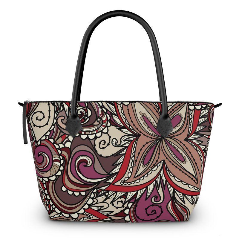 Unia Zip Top Large Satin Day Tote Bag - Abstract Paisley Floral Print Brown Red Psychedelic Swirls Retro Carry All Bag
