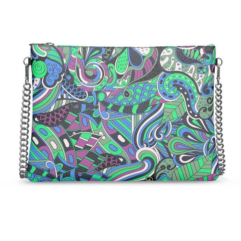 Nela Crossbody Leather Chain Bag - Kaleidoscopic Boho Print Green Blue Psychedelic Retro Swirls - Textured Leather Smooth - Handmade England