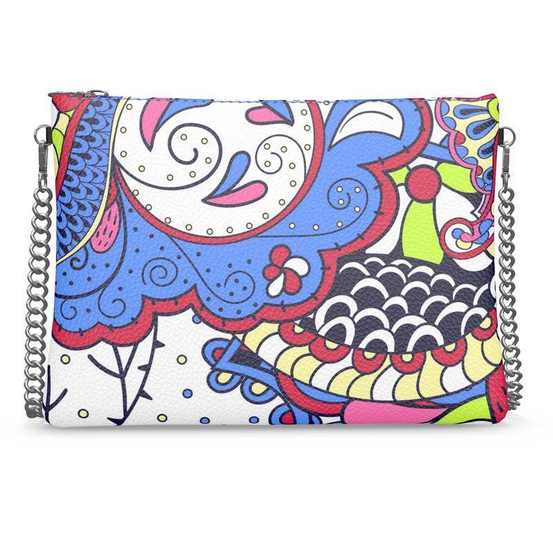 Sechia Retro Abstract Paisley Floral Print Crossbody Leather Chain Bag  Square Handmade in England Textured Leather