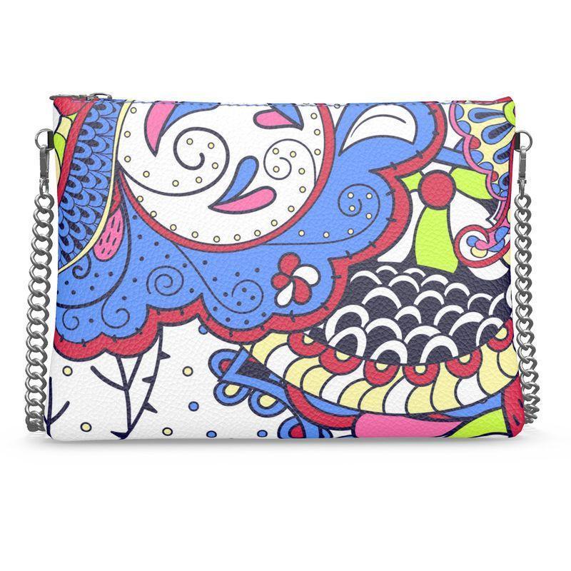 Sechia Retro Abstract Paisley Floral Print Crossbody Leather Chain Bag Square Handmade in England Textured Leather