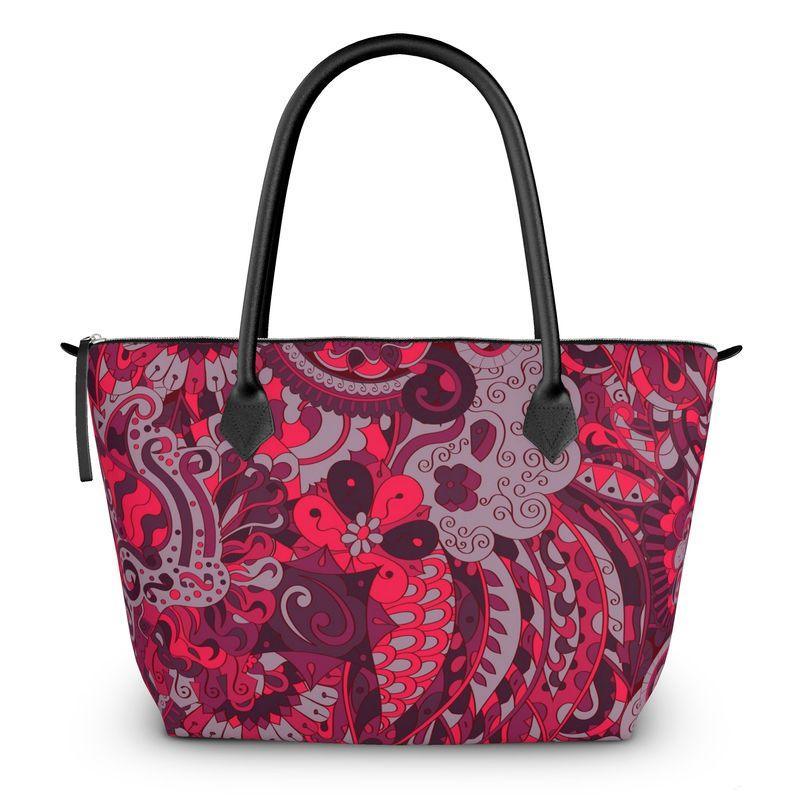 Pena Large Zip Top Satin Tote - Kaleidoscopic Paisley Floral Print Retro Swirls Flower Power Dark Red Leather Straps Handmade in England