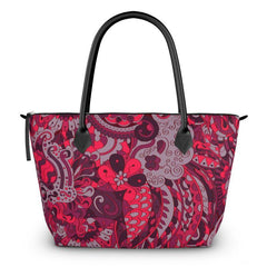 Pena Large Zip Top Satin Tote - Kaleidoscopic Paisley Floral Print Retro Swirls Flower Power Dark Red Leather Straps Handmade in England