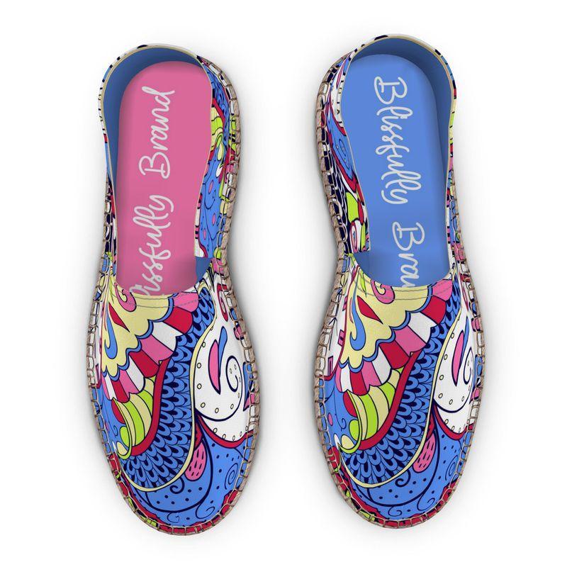 Women's Sechia Espadrille Flats - Vibrant Boho Paisley Print Psychedelic Retro Woven Jute Slip On Wild Floral Pattern Handmade in England