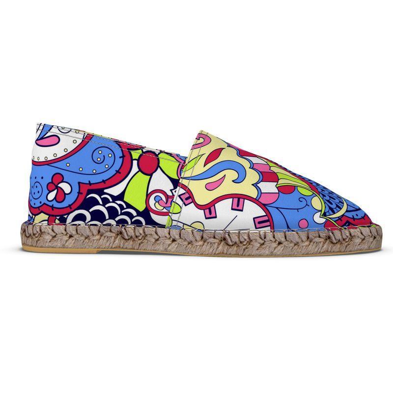 Women's Sechia Espadrille Flats - Vibrant Boho Paisley Print Psychedelic Retro Woven Jute Slip On Wild Floral Pattern Handmade in England