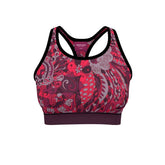 Pena Flex Sports Bra Red Dark Paisley Floral Print- Activewear Retro Flower Power Wild Abstract Print Coordinate Yoga Workout - Women's Sports Top Plus Size Handmade in England Lycra