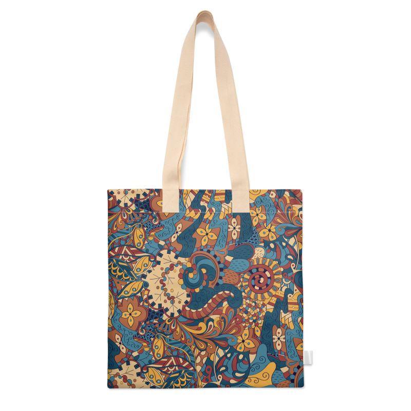 Kuri Large Square Tote - Paisley Earth Tone Print - Organic Cotton Canvas Neoprene Scuba Knit Velvet Shimmer Velour Retro Funky Abstract Swirls Multicolor Brown Flowers Carry All Bag