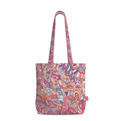 Baiu Everyday Large Cotton Tote - Pink Orange Geometric Print Purple Abstract Vibrant Bold Multicolor Shoulder Bag Handmade Durable Gusset Retro Kaleidoscope Swirls Tangle