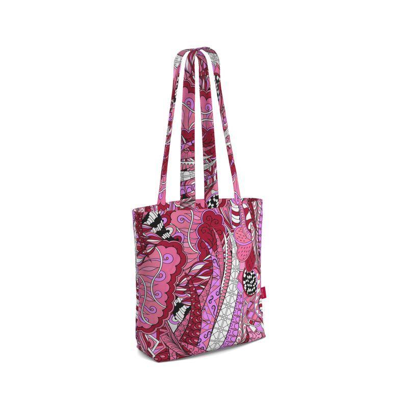 Seki Everyday Large Cotton Tote - Psychedelic Paisley in Red Pink Bold Vibrant Retro Funky 70's Kaleidoscope Greek Key Handmade Bespoke Shopper Bag