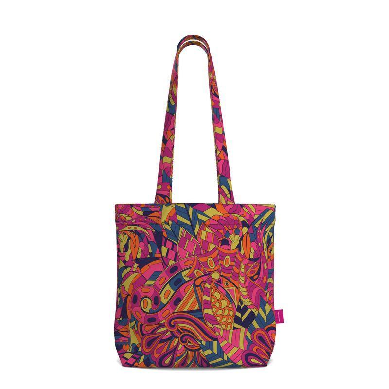 Lina Everyday Large Cotton Tote - Abstract Geometric Tangle Swirl Print Shopper Bag Zen Mehndi Scales Retro Psychedelic Bold Vibrant Shopper Handmade
