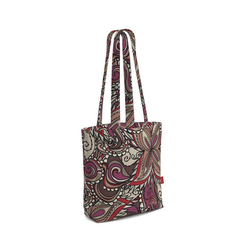Unia Everyday Large Cotton Tote - Kaleidoscope Paisley Print Brown Red Funky Psychedelic Retro Bold Vibrant Swirls Flower Power 70's All Over Print Handmade Bespoke Shopper Bag