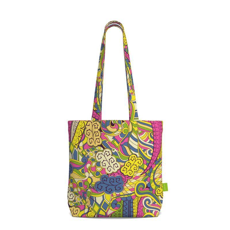 Suki Everyday Large Cotton Tote - Psychedelic Paisley Floral Print Pink Yellow Green Swirls Retro Flower Power Vibrant Bright Bold Vivid Fun Handmade Shopper Bag Bespoke Tangle