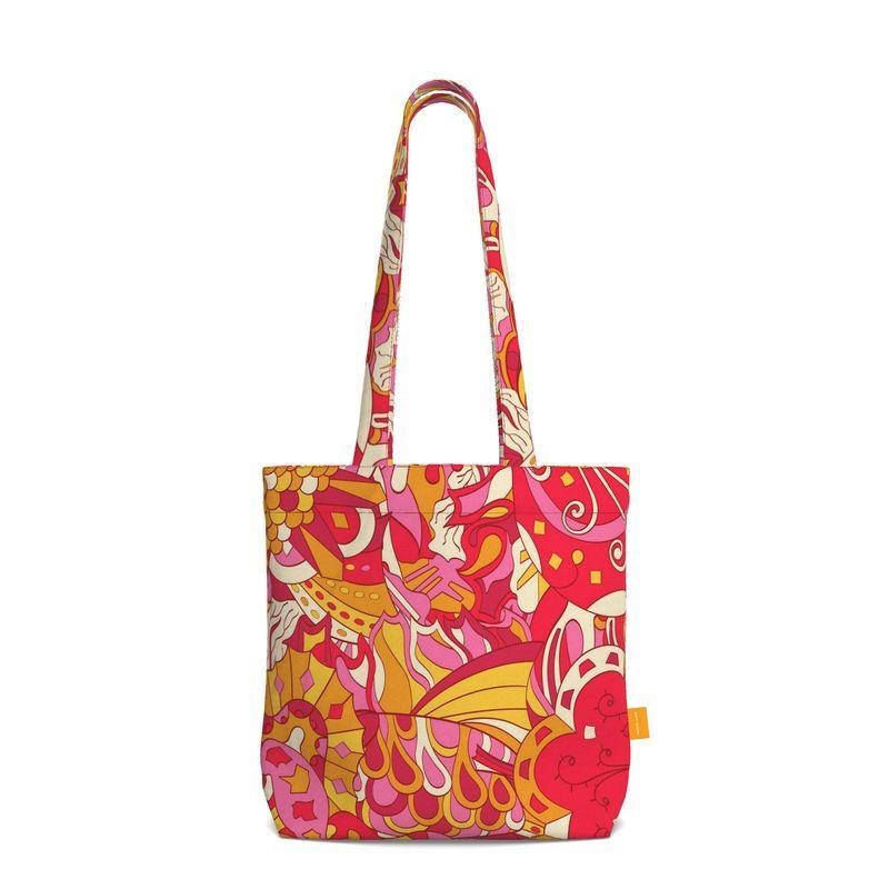 Decora Everyday Large Cotton Tote - Psychedelic Paisley Red Orange Tangle Kaleidoscope Zen Retro Funky Vibrant Bold Scales Gusset Shopper Bag Handmade Bespoke