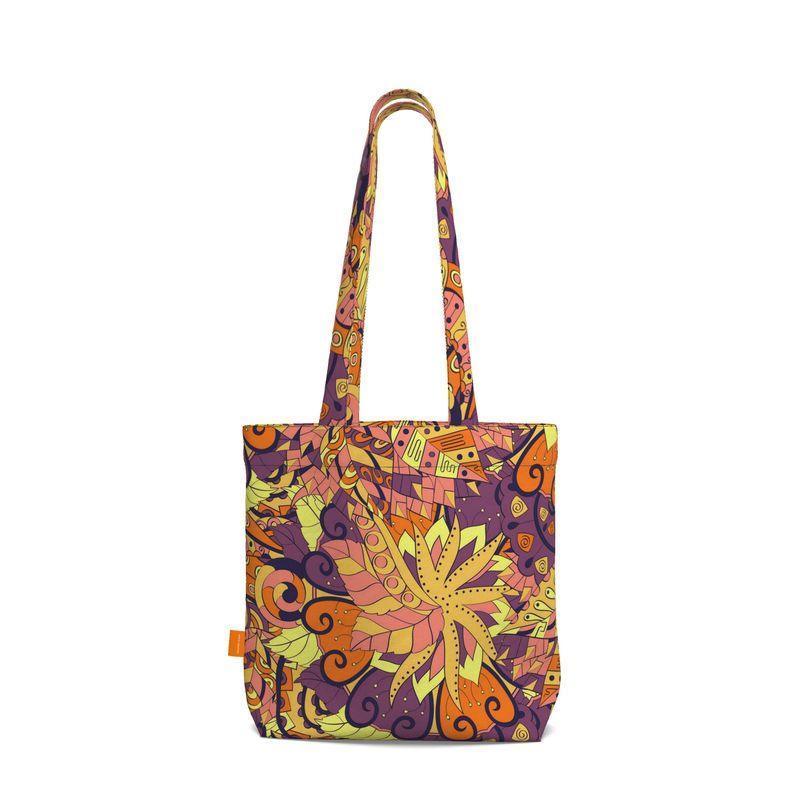 Aki Everyday Large Cotton Tote - Abstract Psychedelic Paisley Print Yellow Orange Brown Wild Bold Vibrant 70's Swirls Floral Sinuous Lines Tangle Shopper Bag Handmade Bespoke
