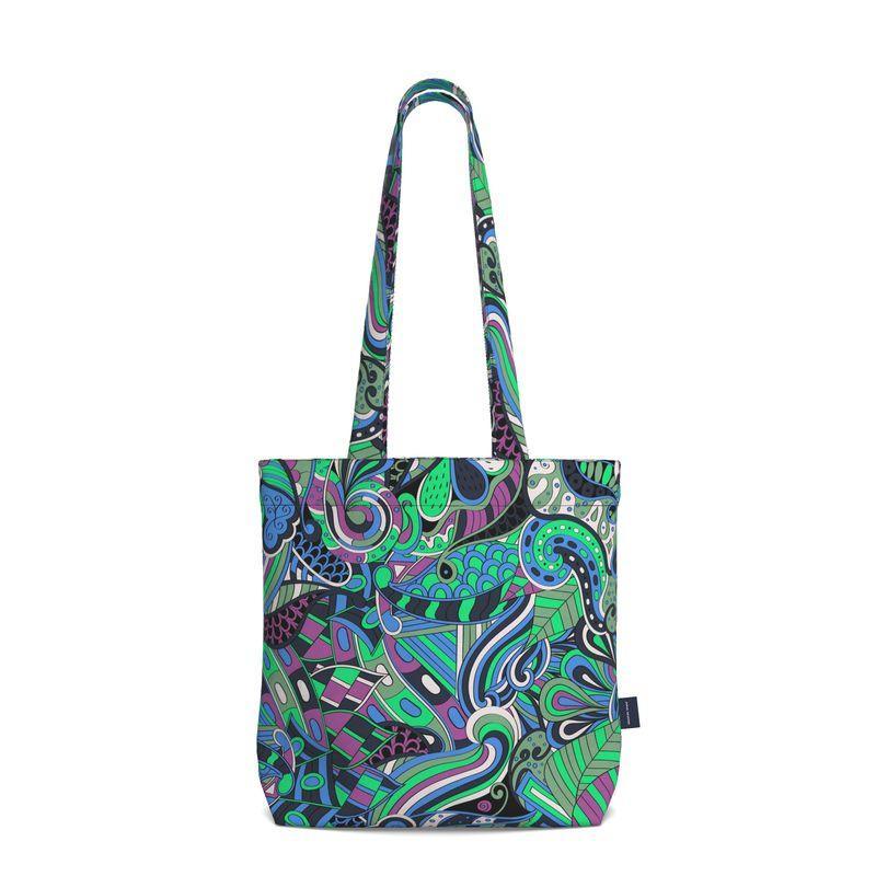 Nela Everyday Large Cotton Tote - Abstract Tangle Print in Green Violet Blue Retro Psychedelic Swirls Sinuous Lines Doodle Geometric Bold Vibrant Shopper Bag Handmade Bespoke Shoulder