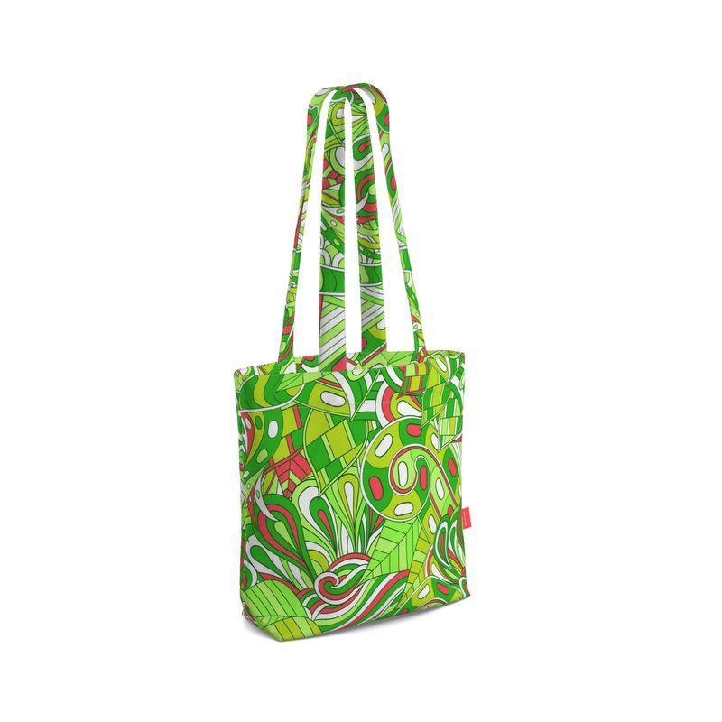Midori Everyday Large Cotton Tote - Green & Red Kaleidoscope Print Retro Psychedelic Paisley Sinuous lines Tangle Bold Zen Shoulder Bag Swirls Handmade