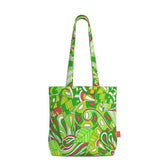 Midori Everyday Large Cotton Tote - Green & Red Kaleidoscope Print Retro Psychedelic Paisley Sinuous lines Tangle Bold Zen Shoulder Bag Swirls Handmade
