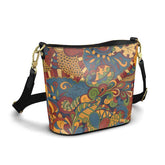 Ebisa psychedelic paisley folk-art print Nappa leather bucket bag in mustard amber, teal, burgundy and forest green with gold hardware and adjustable black strap — London Bliss Collection by Blissfully Brand
