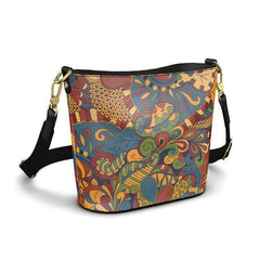 Ebisa psychedelic paisley folk-art print Nappa leather bucket bag in mustard amber, teal, burgundy and forest green with gold hardware and adjustable black strap — London Bliss Collection by Blissfully Brand