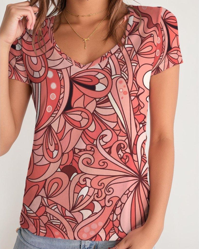 Citra Fitted V-Neck Women's Tee Top - Kaleidoscope Floral Print Red Orange