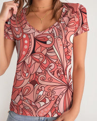 Citra Fitted V-Neck Women's Tee Top - Kaleidoscope Floral Print Red Orange
