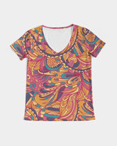Kuna Fitted V-Neck Women's Tee Top - Abstract Floral Print