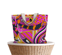 Ela Large Canvas Market Tote - Abstract Kaleidoscope Print in Orange Purple Black
