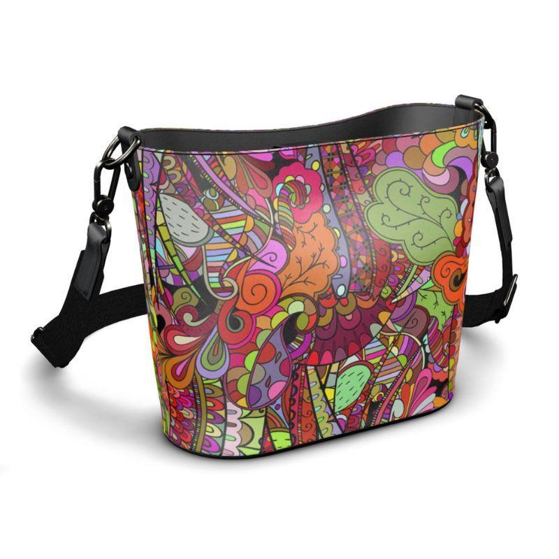 Betsu Large Smooth Real Leather Shoulder Bucket Tote - All Over Print - Multicolor Kaleidoscope Floral
