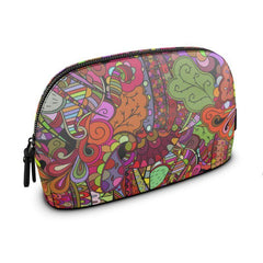 Betsu Large Smooth Real Leather Makeup Pouch Bag - All Over Psychedelic Abstract Floral Print - Clamshell - Multicolor