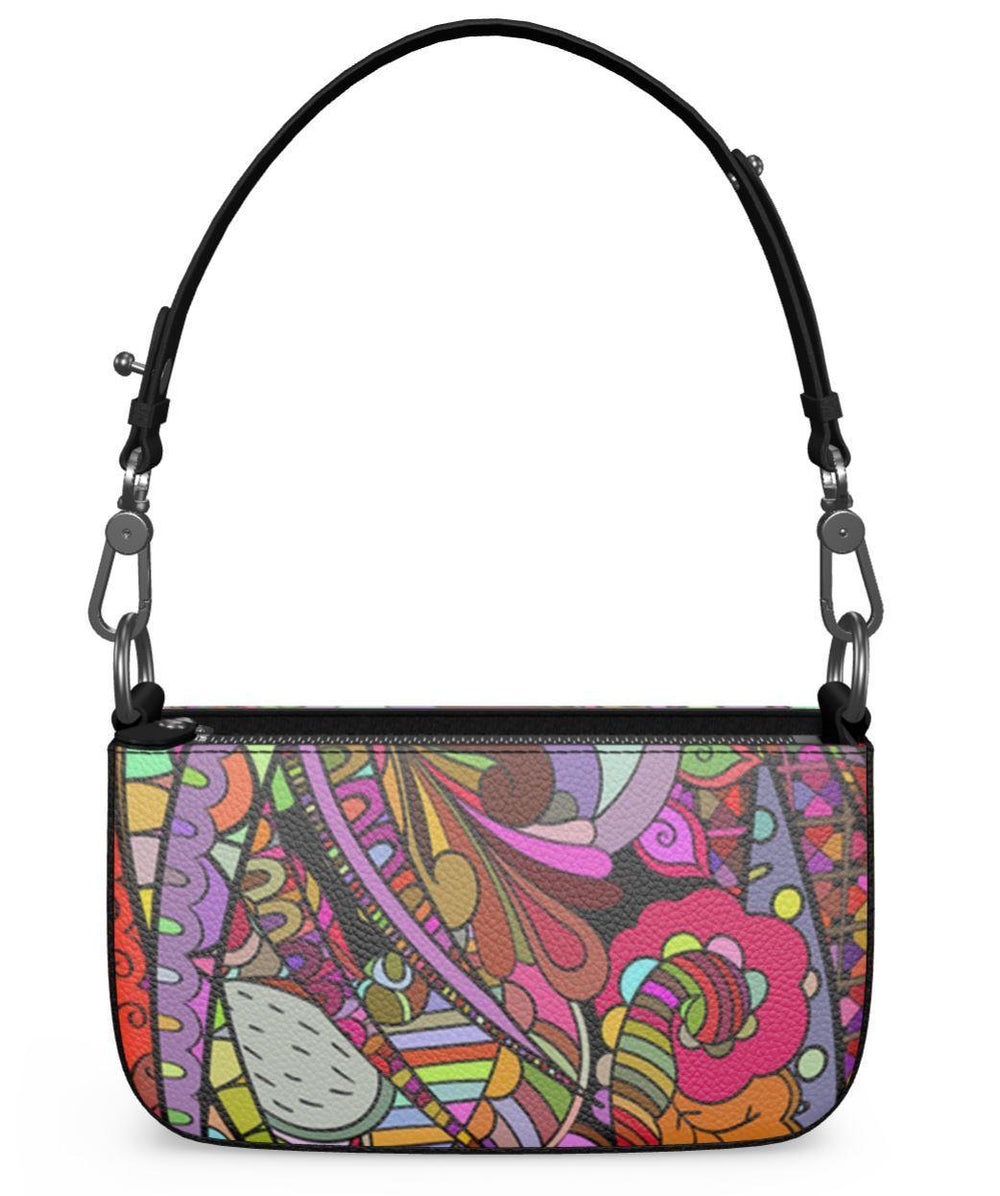 Betsu Small Leather Box Hand Bag | Shoulder Bag - Zip Closure - Abstract Multicolor Psychedelic Retro Print