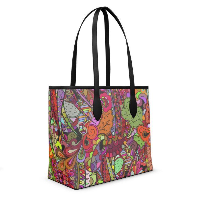Betsu Smooth Real Leather Shopper Tote Bag - All Over Multicolor Abstract Psychedelic Floral Print
