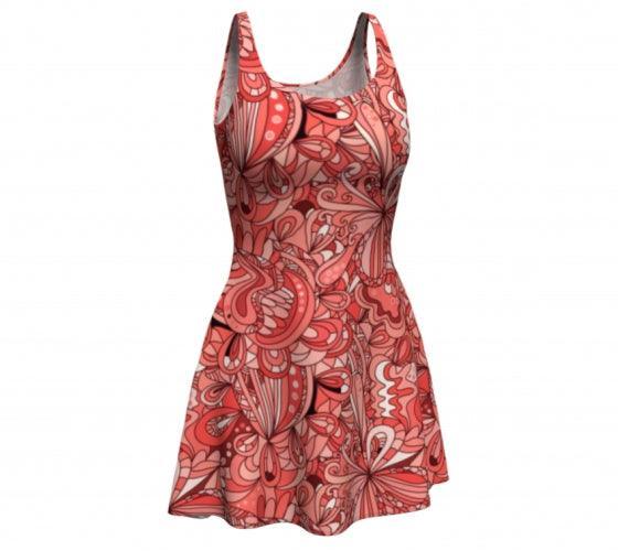 Citra Fit & Flare Mini Dress - Retro Psychedelic Floral Print in Red & Pink | Performance Knit