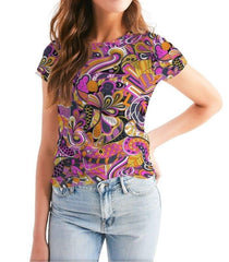 Ela Crew Neck Fitted Tee - Psychedelic Abstract Floral Print