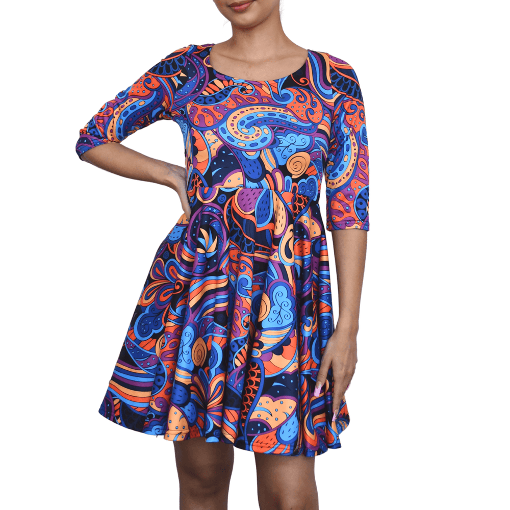 Jina Half-Sleeve Skater Dress - Abstract Dark Kaleidoscope Floral